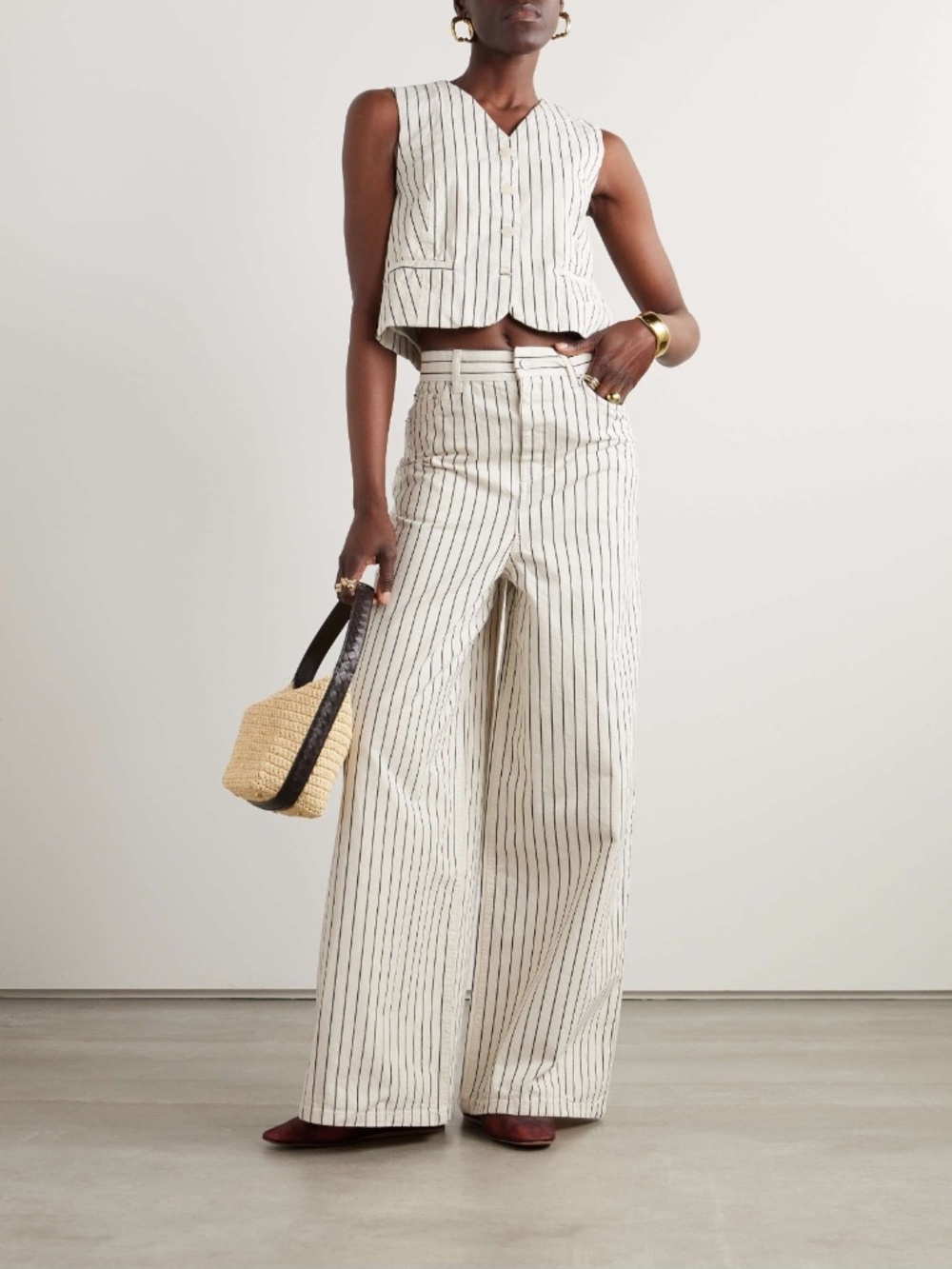 The Frankie Shop Sasha Striped Wide-Leg Jeans In Cream Size S